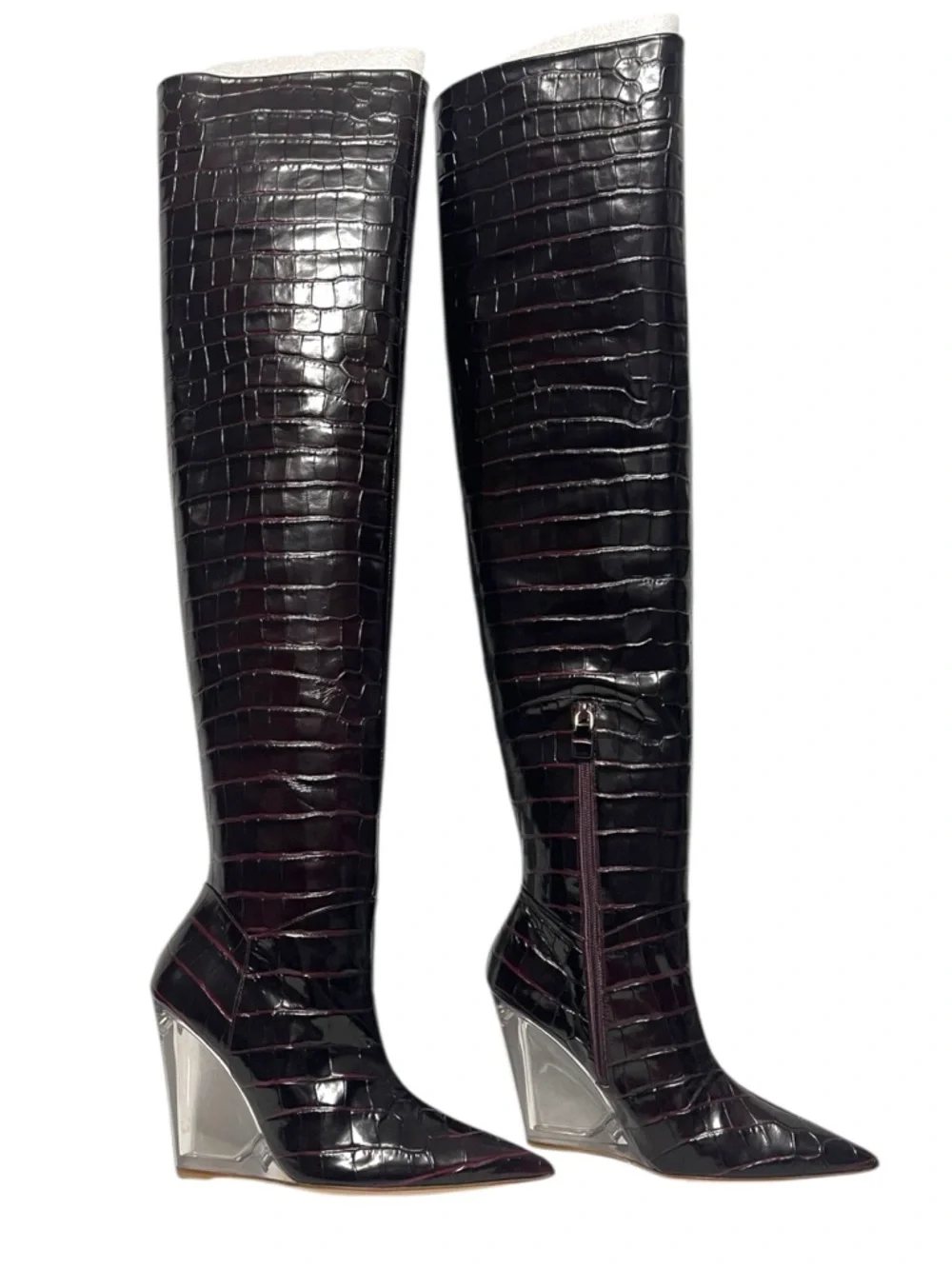 NWT STUART WEITZMAN Lucite 100mm Wedge Croc Embossed Thigh High Boots 7